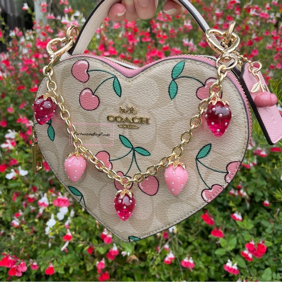 Heart Strawberry Bag Purse Charm Chain Swag Strap Hot Pink & Baby Pink Pearl - Picture 9 of 13